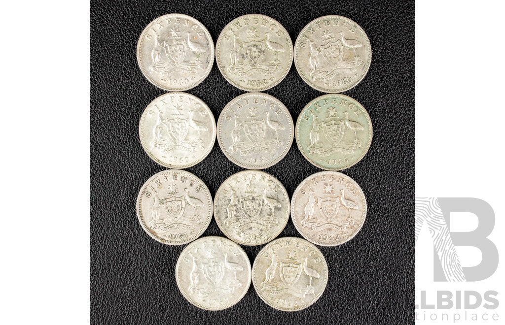 Eleven Australian Silver Sixpence Including 1942D, 1946, 1951, 1952(2) 1960(2) 1962(3)  1963