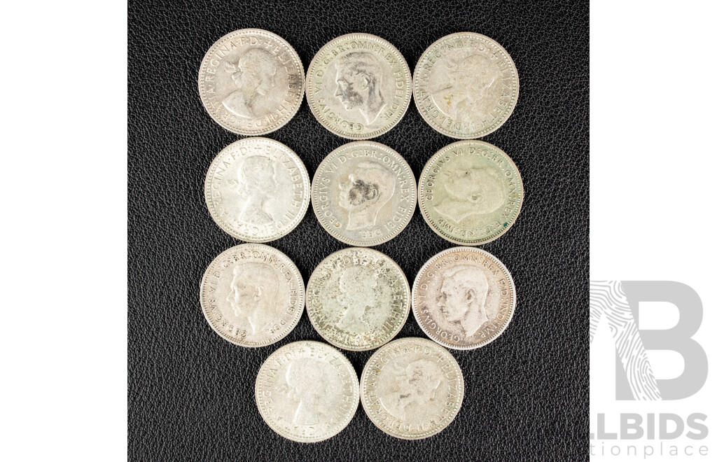 Eleven Australian Silver Sixpence Including 1942D, 1946, 1951, 1952(2) 1960(2) 1962(3)  1963