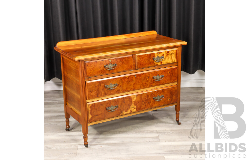 Edwardian Bur Walnut Elevated Chest of Four Drawers