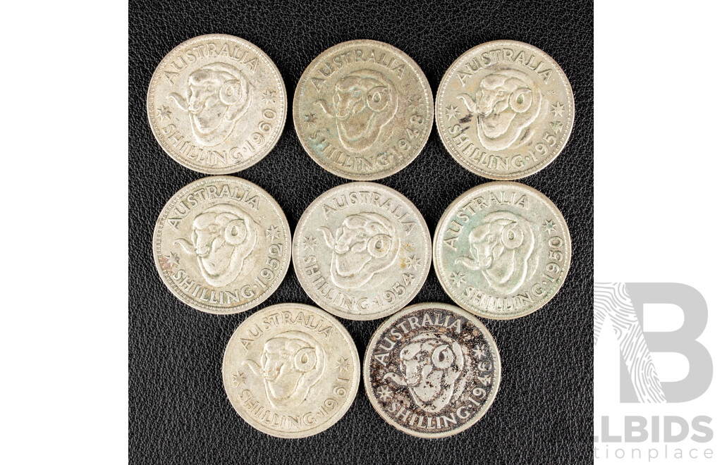 Eight Australian Silver Shillings Including 1946, 1950, 1954(2), 1948, 1952, 1960, 1961  .500
