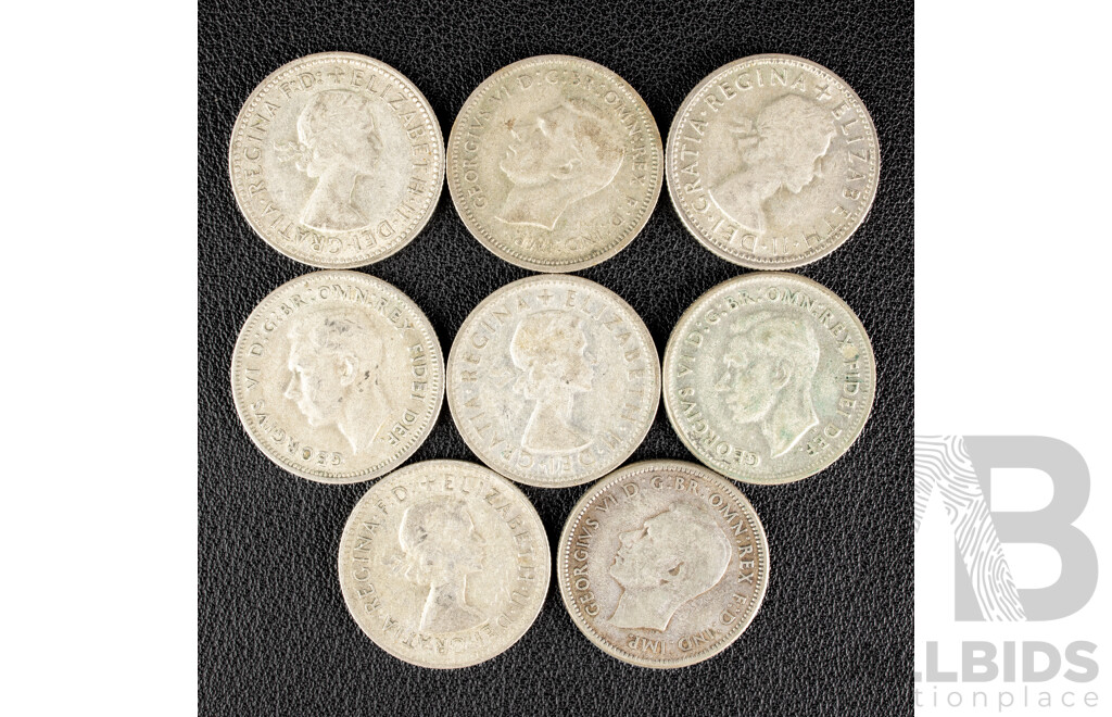 Eight Australian Silver Shillings Including 1946, 1950, 1954(2), 1948, 1952, 1960, 1961  .500