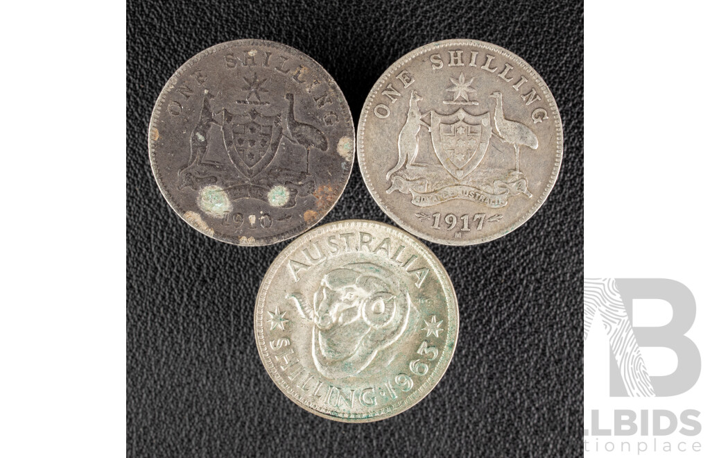 Three Australian Silver Shillings Including 1910, 1917M and 1963