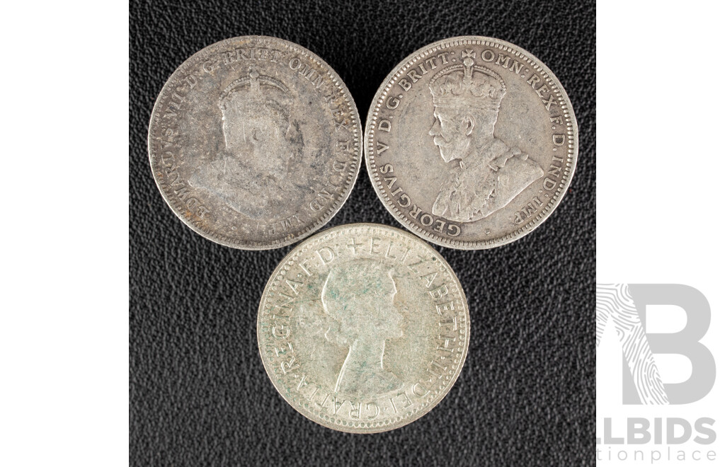Three Australian Silver Shillings Including 1910, 1917M and 1963