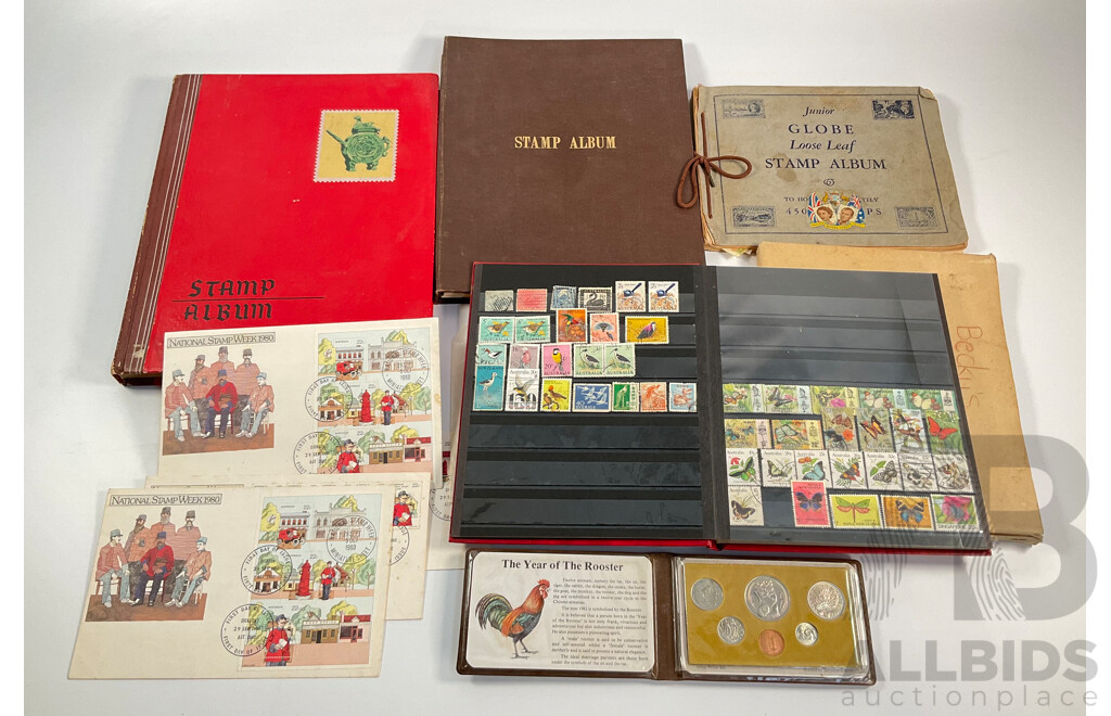 Singapore 1981 Six UNC Coin Set, Four Stamp Albums Including Junior Globe Loose Leaf Stamp Album, Australian Predecimal, Germany, USA, Italy, Belgium, Denmark, Hungary, Netherlands, India, Russia, China