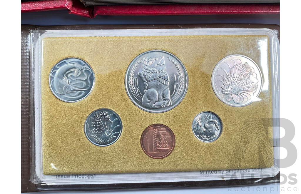 Singapore 1981 Six UNC Coin Set, Four Stamp Albums Including Junior Globe Loose Leaf Stamp Album, Australian Predecimal, Germany, USA, Italy, Belgium, Denmark, Hungary, Netherlands, India, Russia, China