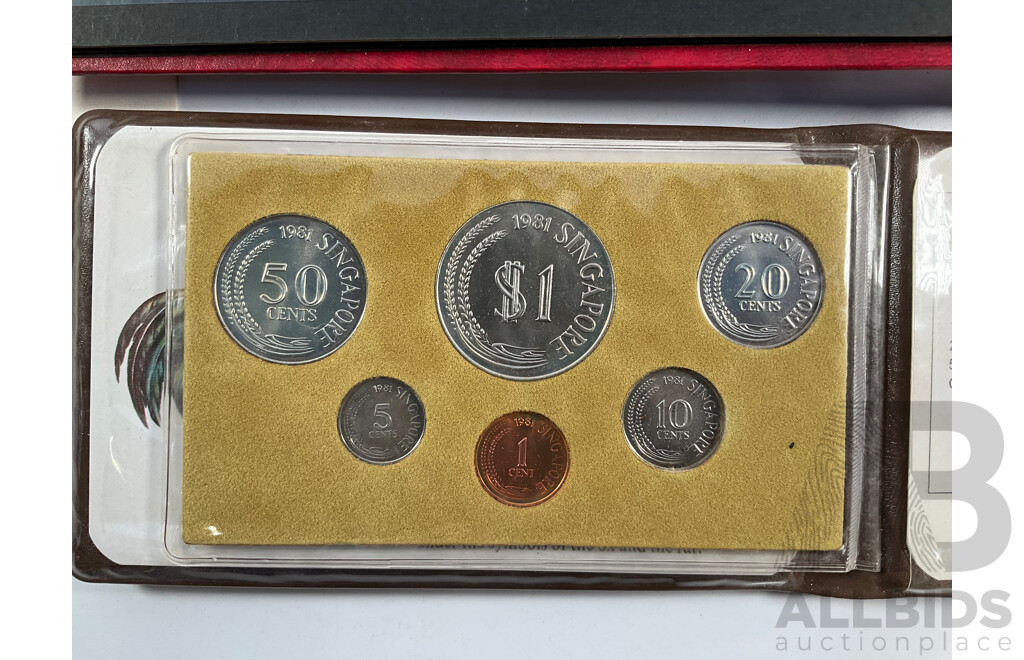 Singapore 1981 Six UNC Coin Set, Four Stamp Albums Including Junior Globe Loose Leaf Stamp Album, Australian Predecimal, Germany, USA, Italy, Belgium, Denmark, Hungary, Netherlands, India, Russia, China