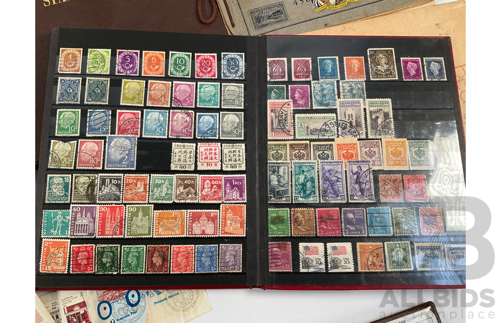 Singapore 1981 Six UNC Coin Set, Four Stamp Albums Including Junior Globe Loose Leaf Stamp Album, Australian Predecimal, Germany, USA, Italy, Belgium, Denmark, Hungary, Netherlands, India, Russia, China