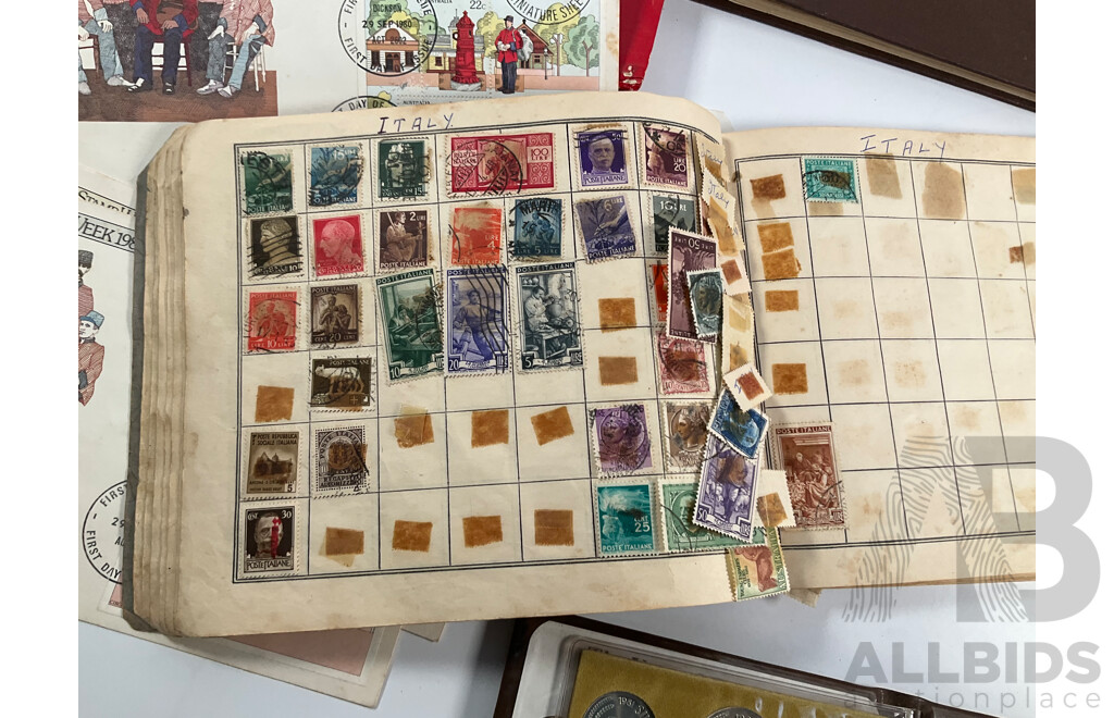 Singapore 1981 Six UNC Coin Set, Four Stamp Albums Including Junior Globe Loose Leaf Stamp Album, Australian Predecimal, Germany, USA, Italy, Belgium, Denmark, Hungary, Netherlands, India, Russia, China