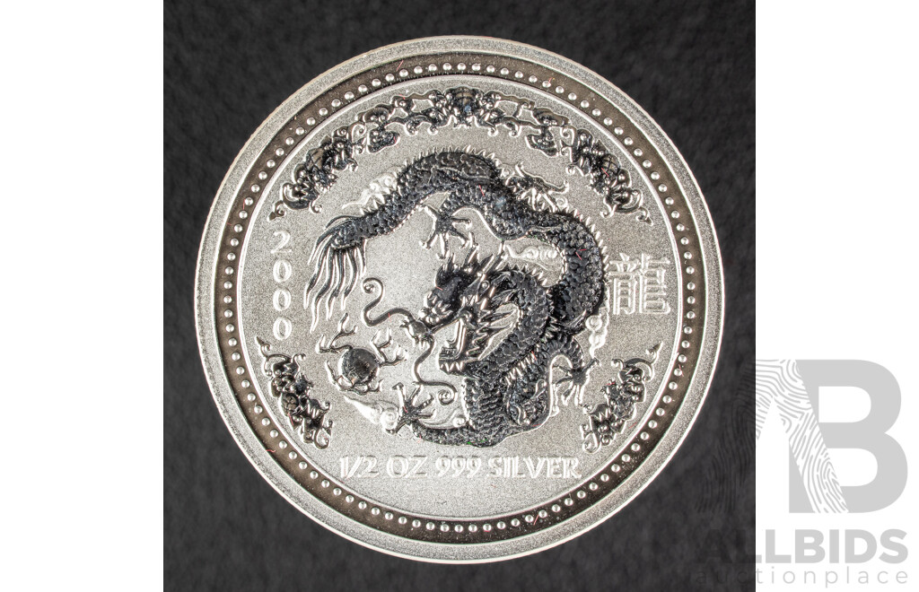 Australian Perth Mint 2000 Silver Fifty Cent Coin, Lunar Series I, Year of the Dragon .999