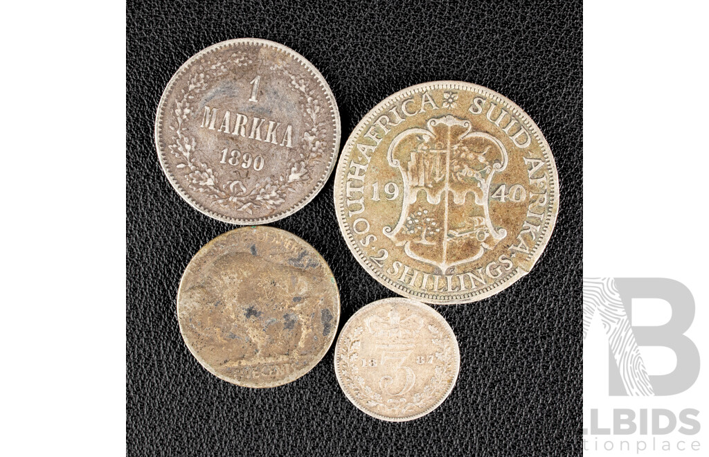 Four Silver Coins Including Finland 1890 One Markka, USA 1914 Buffalo Nickel, South Africa 1940 Two Shillings, United Kingdom 1887 QV Threepence