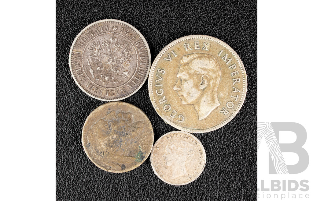 Four Silver Coins Including Finland 1890 One Markka, USA 1914 Buffalo Nickel, South Africa 1940 Two Shillings, United Kingdom 1887 QV Threepence