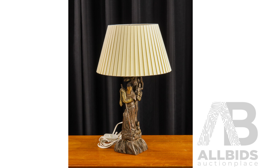 Vintage Carved Timber Table Lamp with Oriental Figure