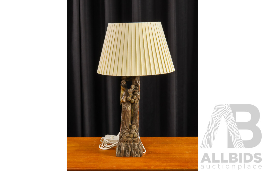 Vintage Carved Timber Table Lamp with Oriental Figure