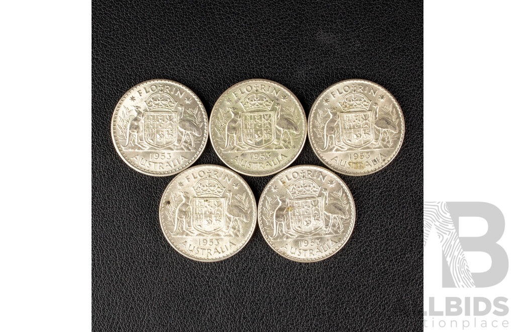 Five Australian 1953 QE2 Silver Florins .500