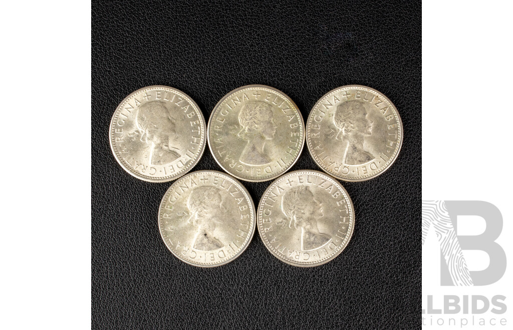 Five Australian 1953 QE2 Silver Florins .500