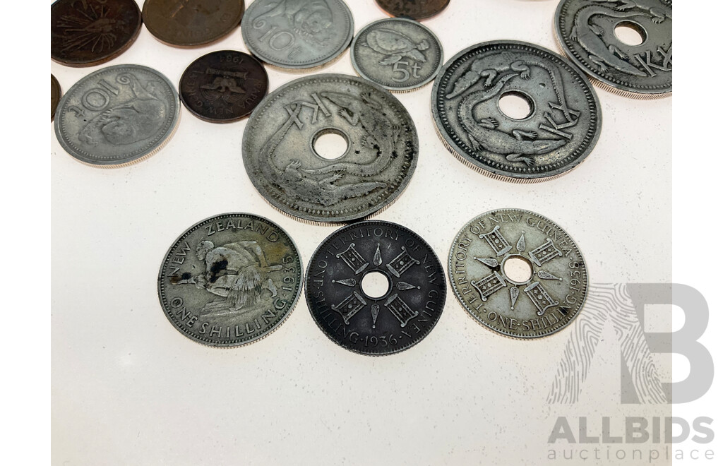 Collection of Vintage Papua New Guinea Coins Including 1936 and 1938 Silver Shillings and New Zealand 1935 Silver Shilling