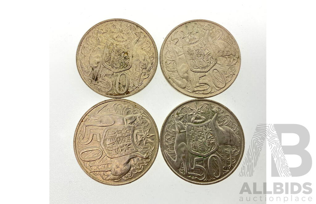 Four Australian 1966 Round Silver Fifty Cent Coins .800