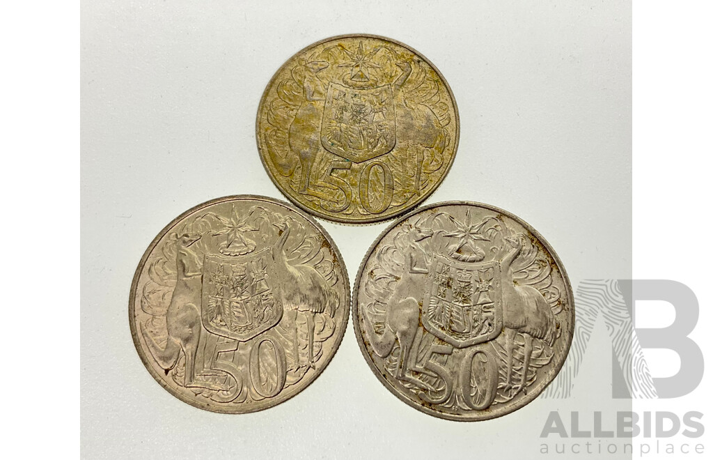 Three Australian 1966 Round Silver Fifty Cent Coins .800
