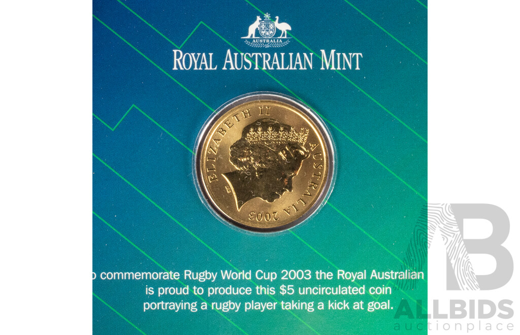 Five Australian RAM Commemorative Five Dollar Coins Including Four 2000 Sydney Olympics and 2003 Rugby World Cup