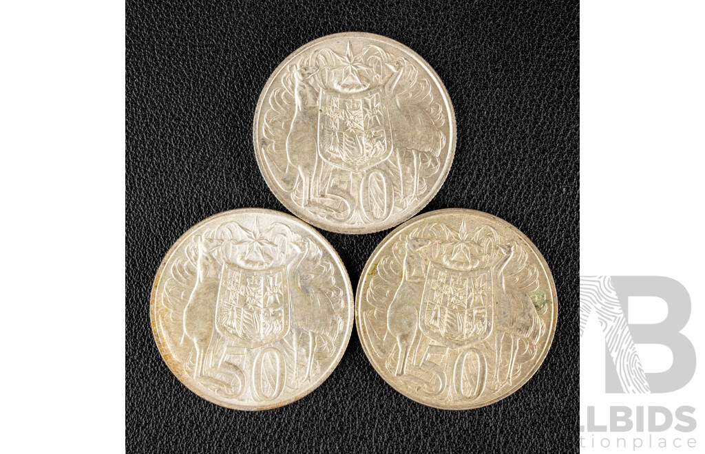 Three Australian 1966 Round Silver Fifty Cent Coins .800