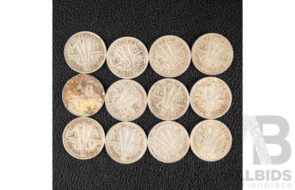 Twelve Australian KGVI Silver Threepence Including 1942(2) 1943(9) 1944 .925