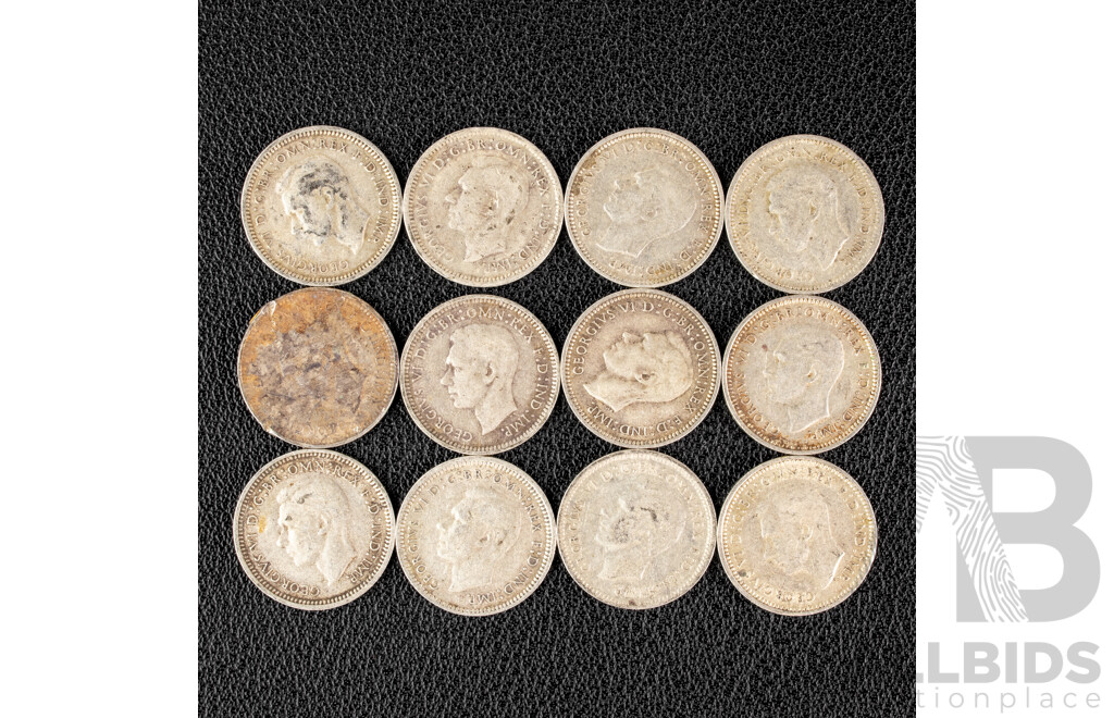 Twelve Australian KGVI Silver Threepence Including 1942(2) 1943(9) 1944 .925