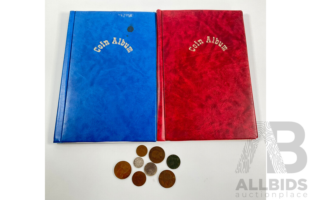 Two Coin Albums of Vintage International Coins Including South Africa Republic 1894 Silver Sixpence, Great Britain 1834 Silver Shilling, France, USA, Australia, Canada