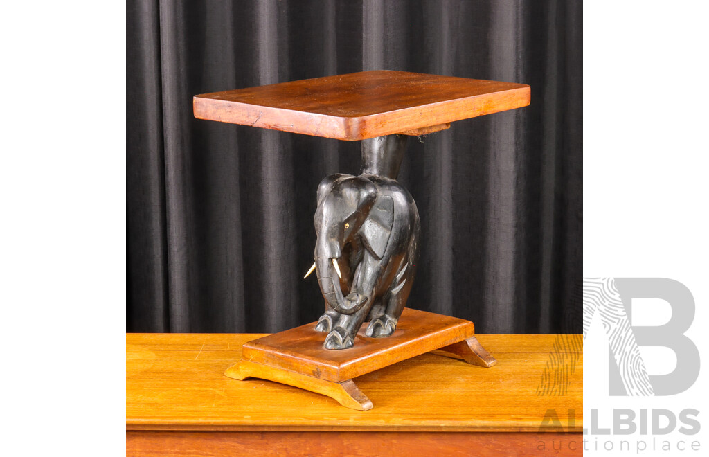 Carved Elephant Side Table with Bone Tusks and Eyes