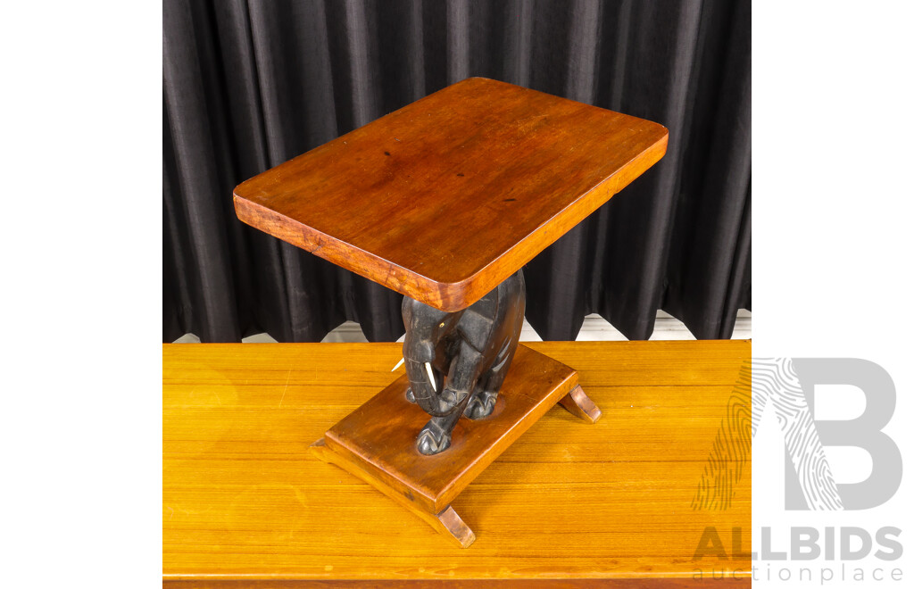 Carved Elephant Side Table with Bone Tusks and Eyes