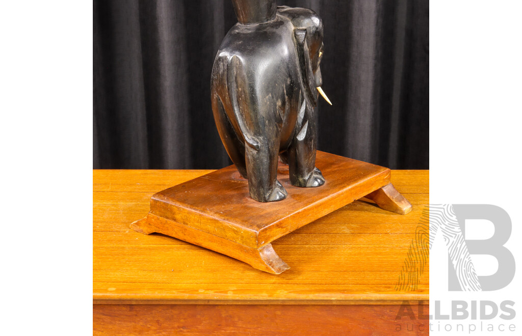 Carved Elephant Side Table with Bone Tusks and Eyes