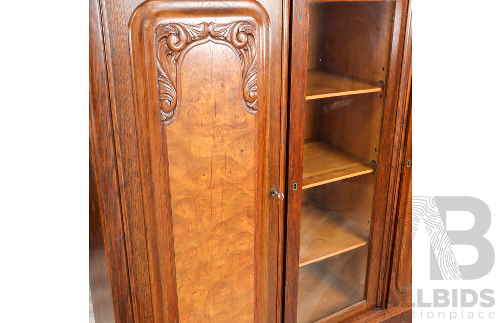 Art Deco Oak Bookcase with Burr Walnut Panel Doors