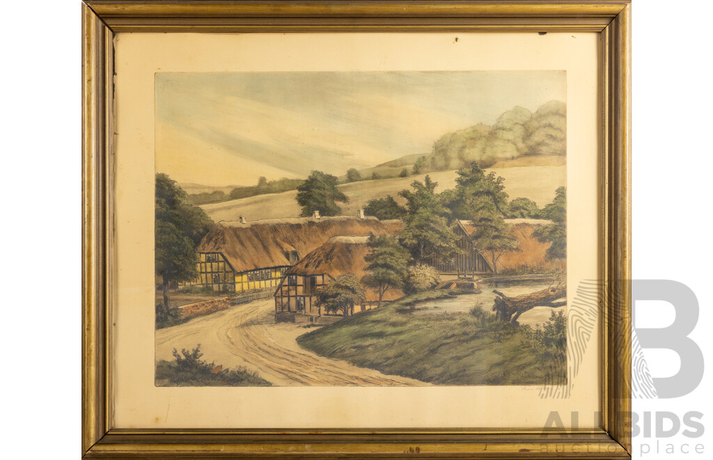 (Possibly) Peter Millers, (20th Century), Thatched Cottages, Original Vintage Hand Coloured Etching, 69 x 83 cm (frame)