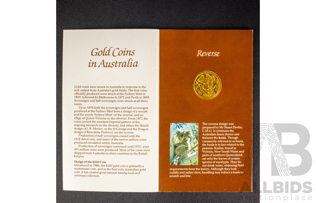 Australian RAM 1984 Gold Two Hundred Dollar Coin, Australian Koala, Gold Coins in Australia .916