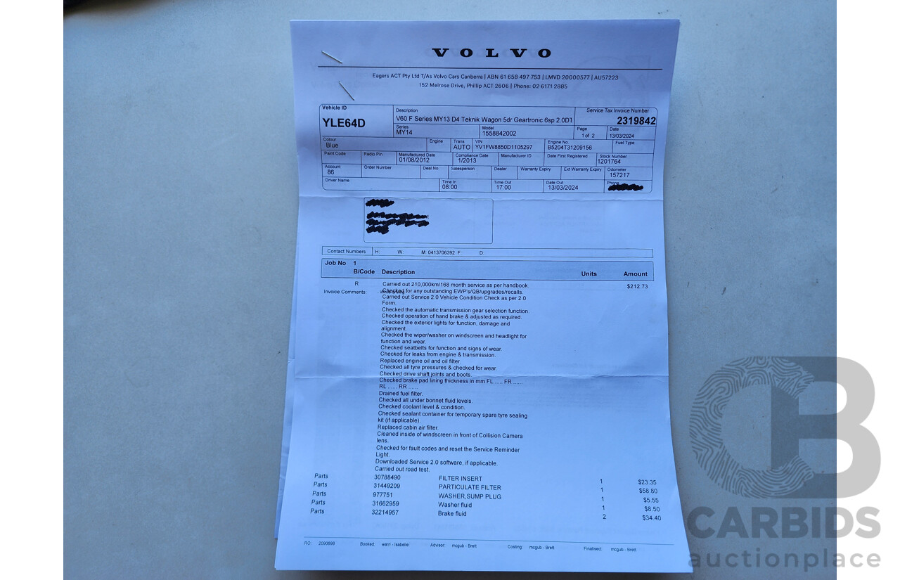 1/2013 Volvo V60 D3 F MY12 4d Wagon Blue 2.0L