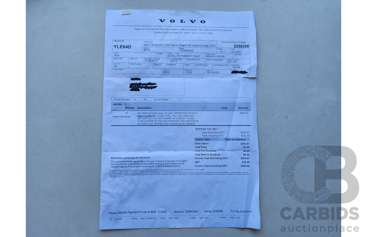 1/2013 Volvo V60 D3 F MY12 4d Wagon Blue 2.0L