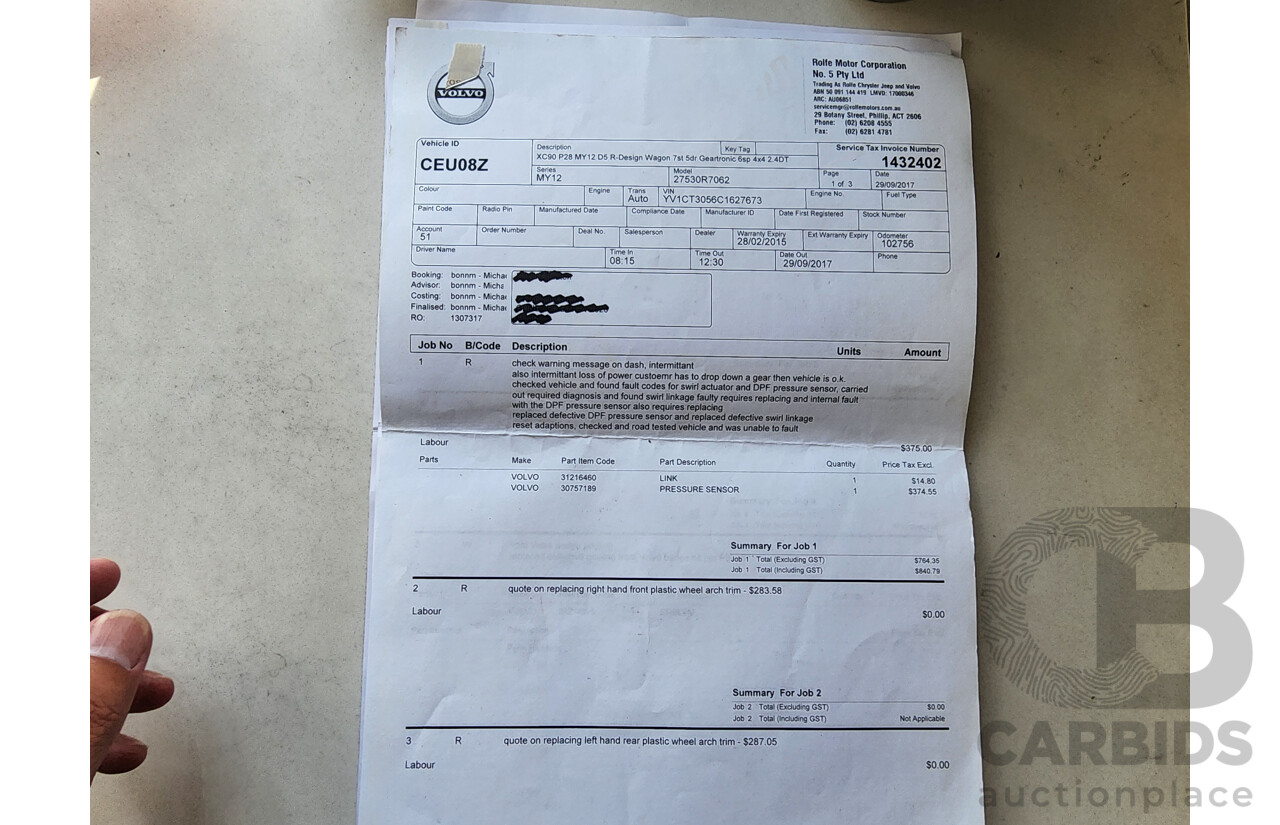 1/2012 Volvo Xc90 D5 R-Design MY12 4d Wagon Grey 2.4L