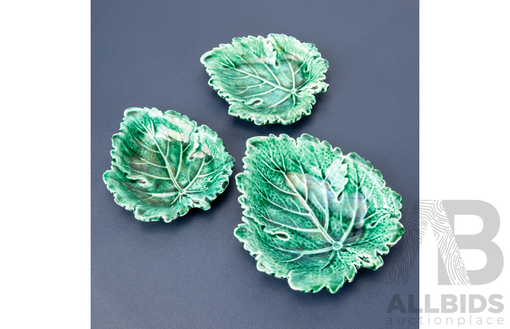 Three Vintage Wedgwood Majolica Glazed Leaf Dishes, England