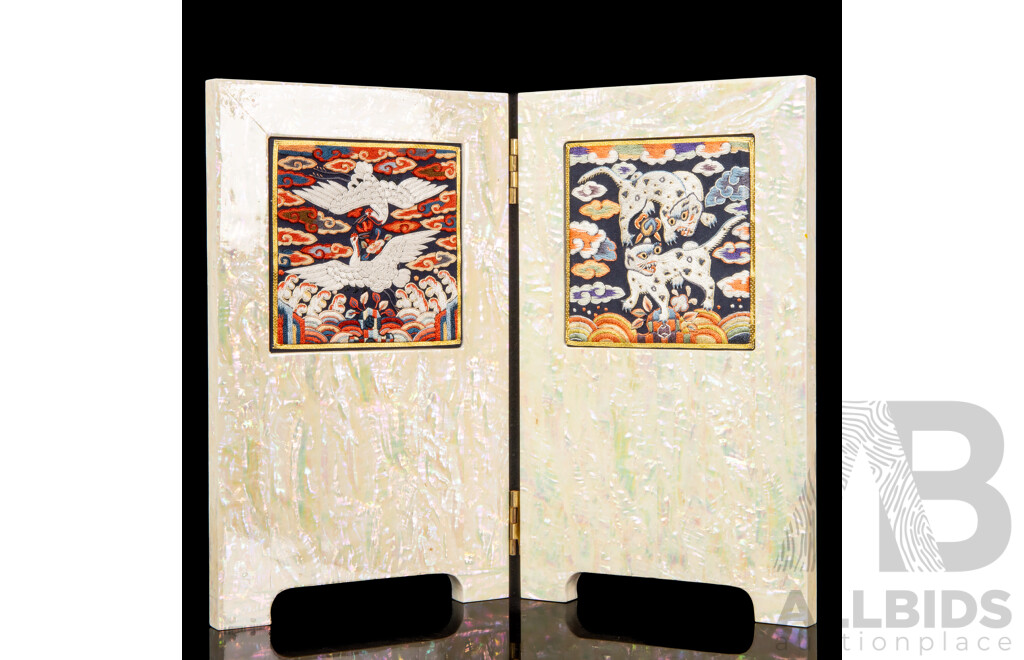 Chinese Two-Panel Folding Screen with Silk Rank Badges