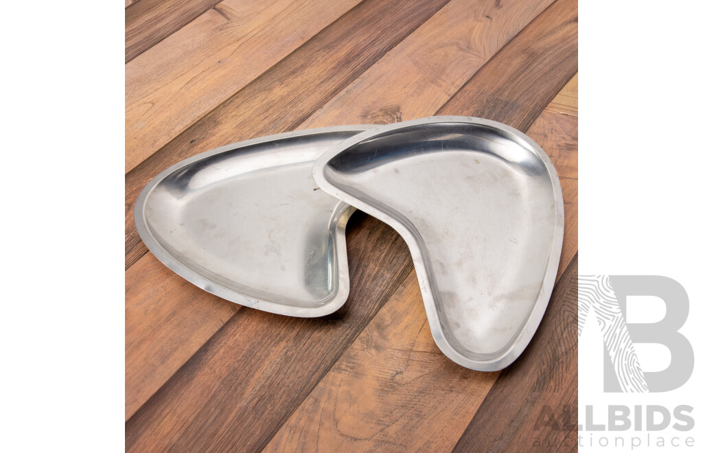 Pair of Retro Stelton Denmark Stainless Steel Boomerang Dishes