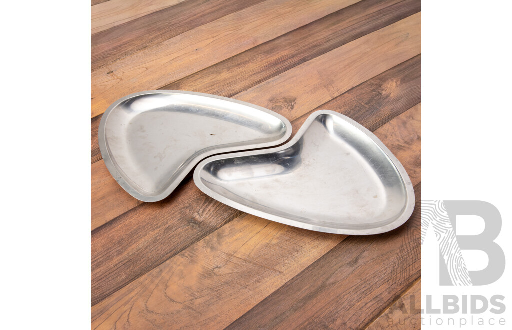 Pair of Retro Stelton Denmark Stainless Steel Boomerang Dishes