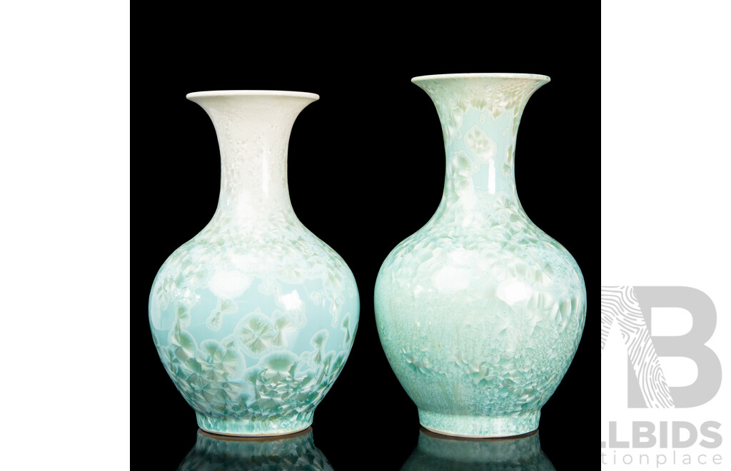 Near Pair of Chinese Crystalline Glazed Mantle Vases, Jingdezhen