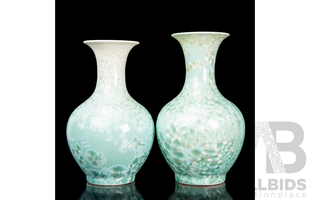 Near Pair of Chinese Crystalline Glazed Mantle Vases, Jingdezhen