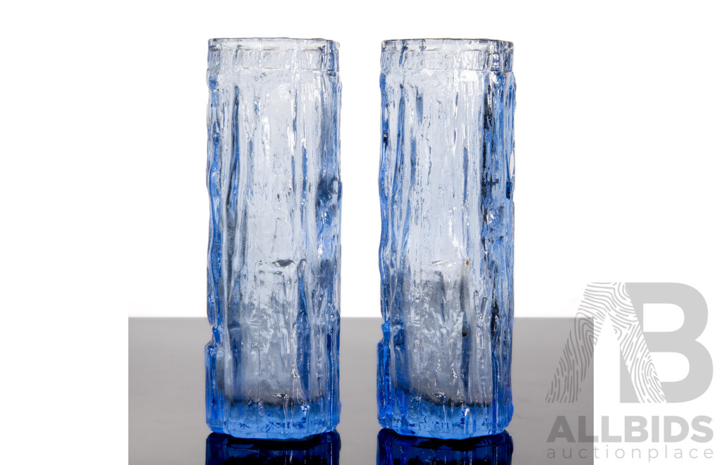 Pair of Retro Ravenhead Ice Blue Bark Glass Vases
