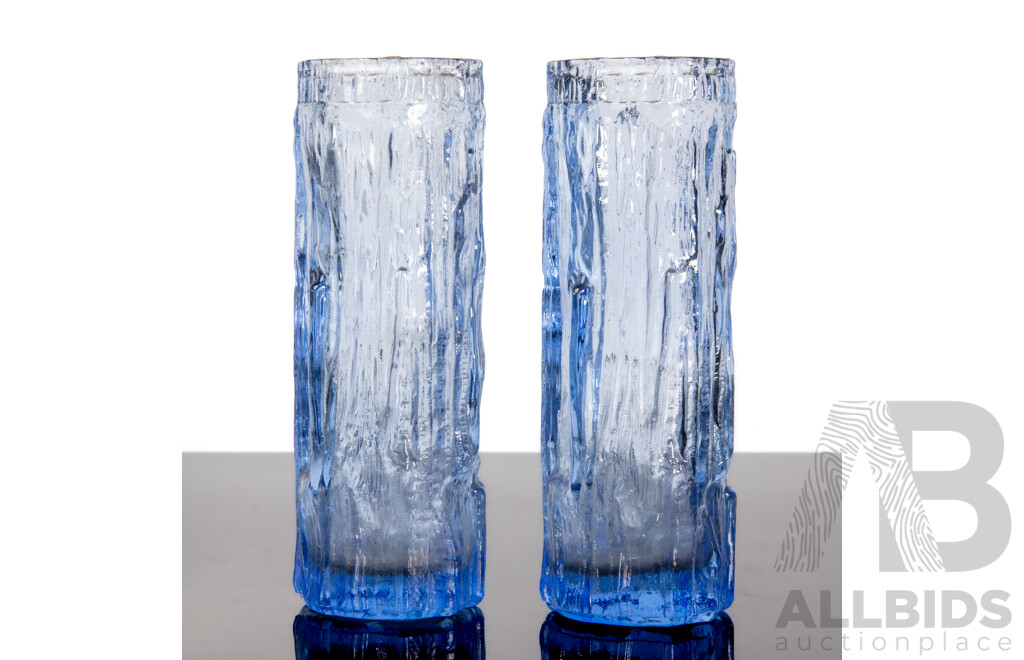 Pair of Retro Ravenhead Ice Blue Bark Glass Vases