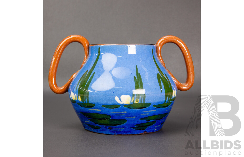 Rare English Torquay Twin Handled Vase with Kingfisher
