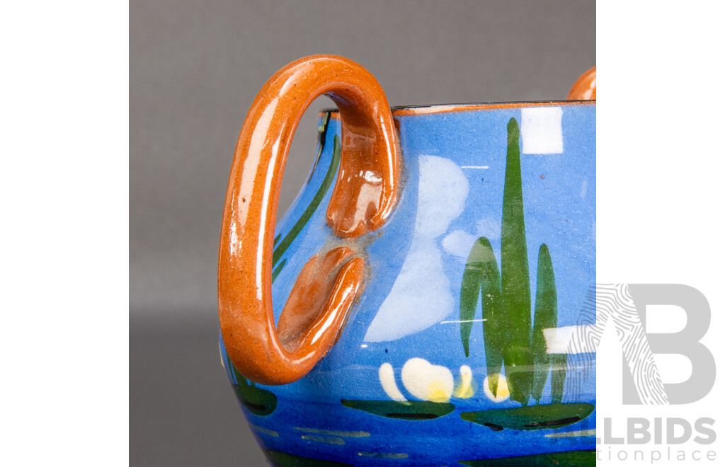 Rare English Torquay Twin Handled Vase with Kingfisher