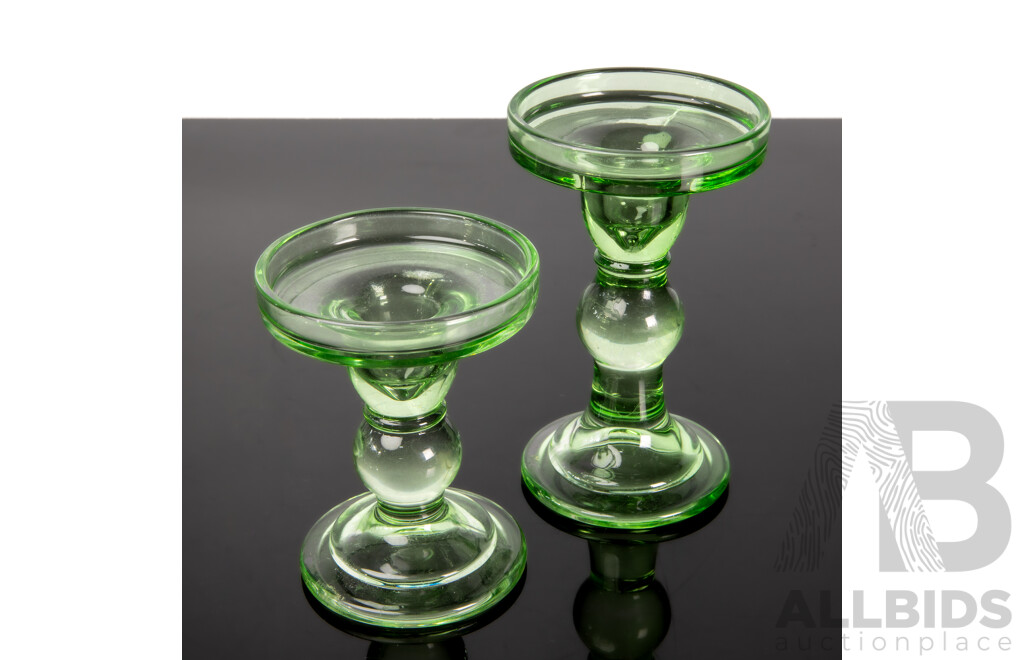 Two Depression Era Green Glass Candlesticks