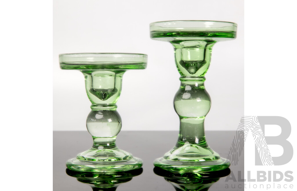 Two Depression Era Green Glass Candlesticks