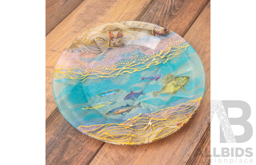 Mid Century Hand Painted Aquarium Glass Plate Signed JAK