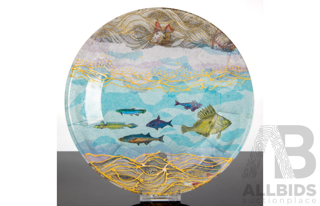 Mid Century Hand Painted Aquarium Glass Plate Signed JAK